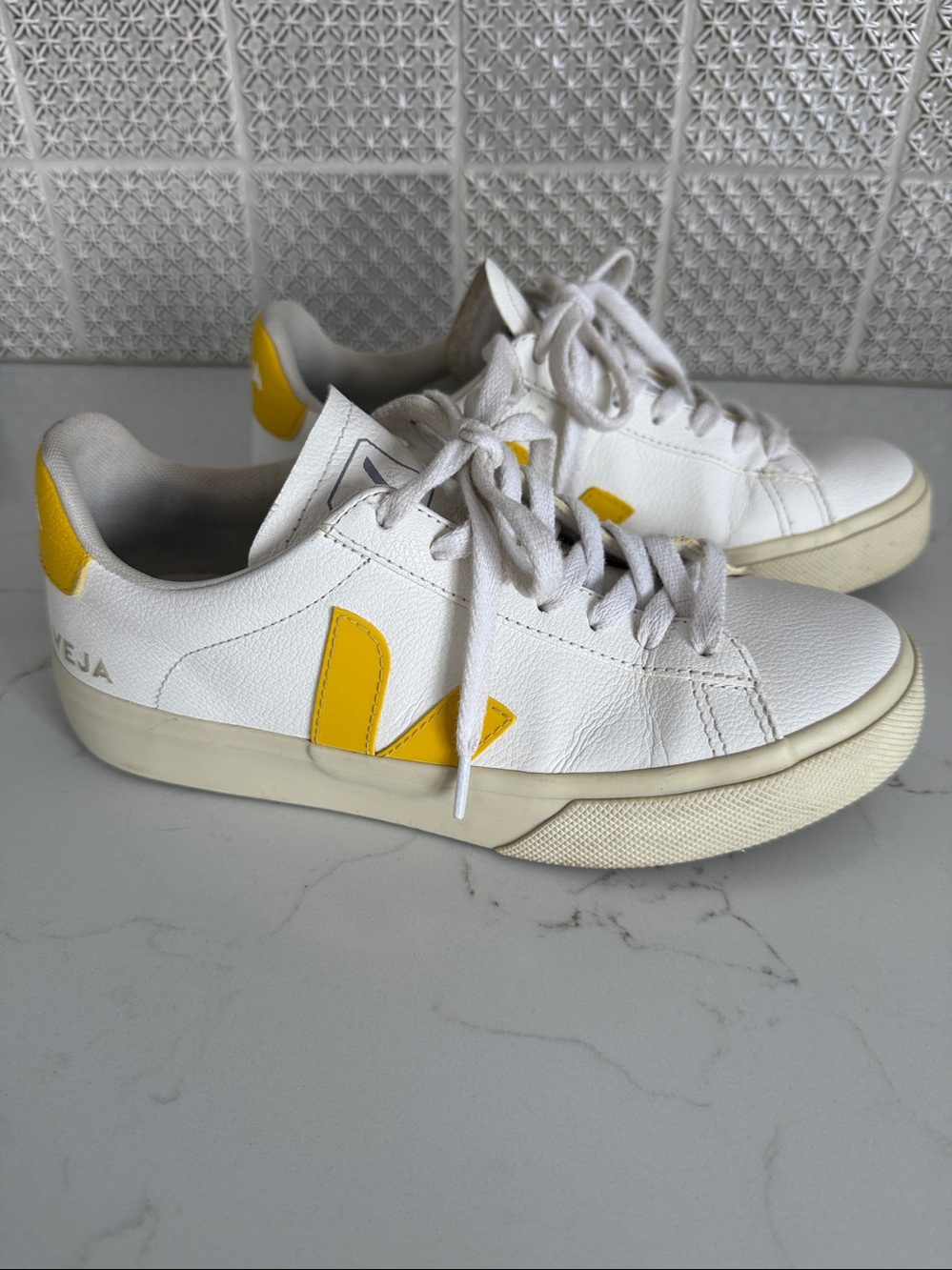 Veja Campo White Leather Sneakers with Yellow V Accent